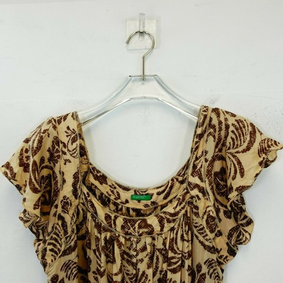 UNITED COLORS OF BENETTON Women Cream Brown Tunic Top SMALL Floral Flared Sleeve - Picture 3 of 9